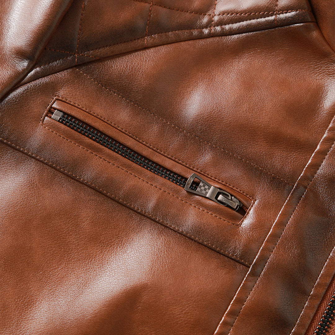 Roadster Men's Leather Jacket: Hand-Stitched, Durable, Waterproof, Adjustable Fit