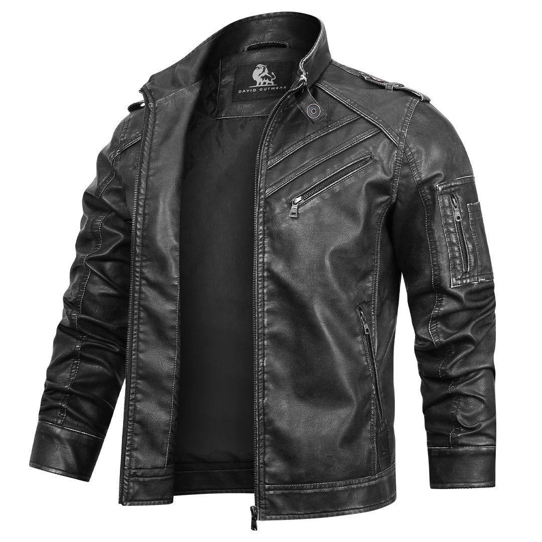 Men's Premium Engine Black Leather Jacket: Embroidered, Durable, & Waterproof