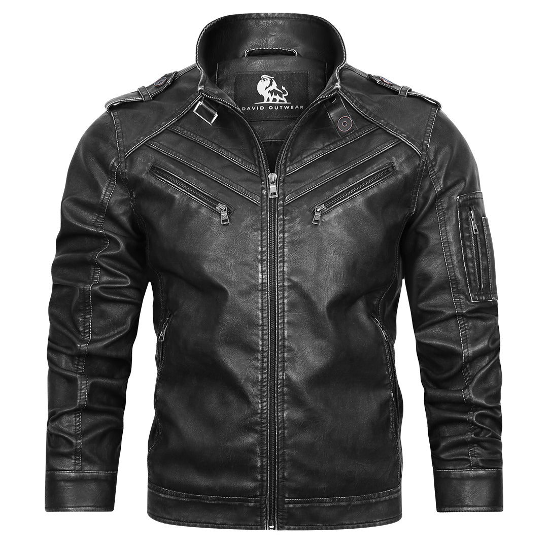 Men's Premium Engine Black Leather Jacket: Embroidered, Durable, & Waterproof